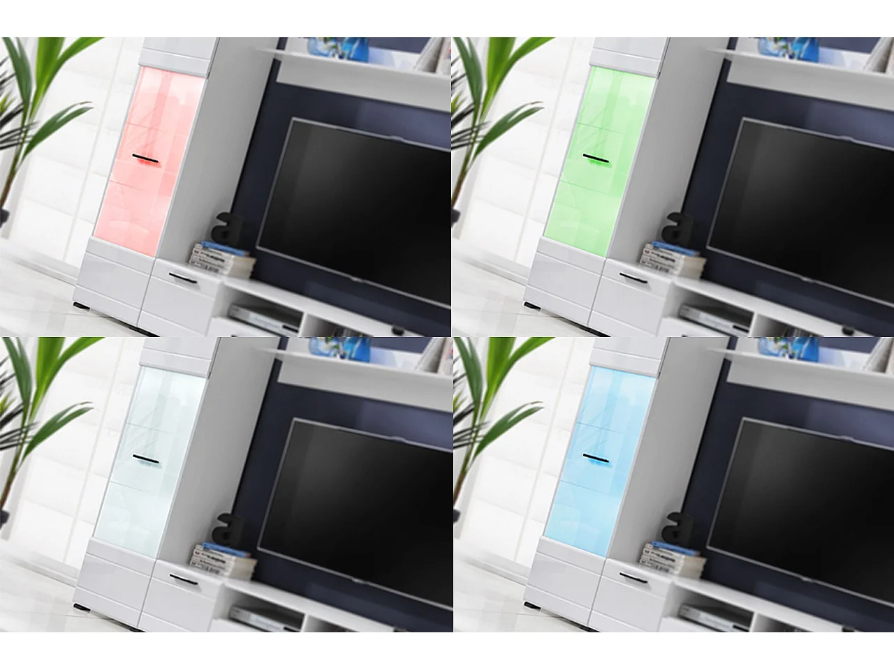 Meuble TV Switch 260 cm BLANC laqué avec vitrines LED multicolore