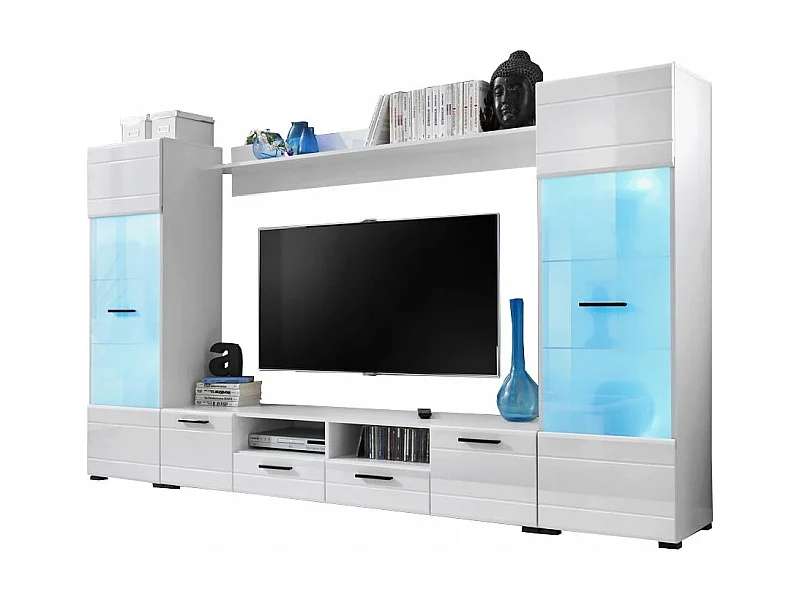 Meuble TV Switch 260 cm BLANC laqué avec vitrines LED multicolore