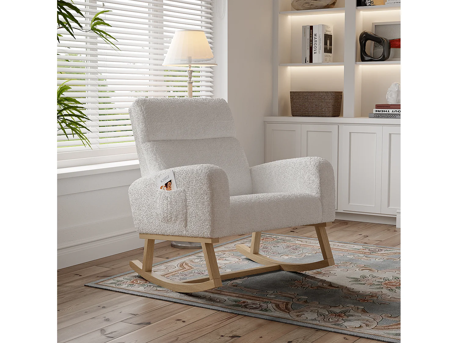 Schommelstoel, relaxstoel, woonkamerstoel, armleuningen, met zakken en houten poten, Teddy beige fluweel, maximale belasting: 150 kg