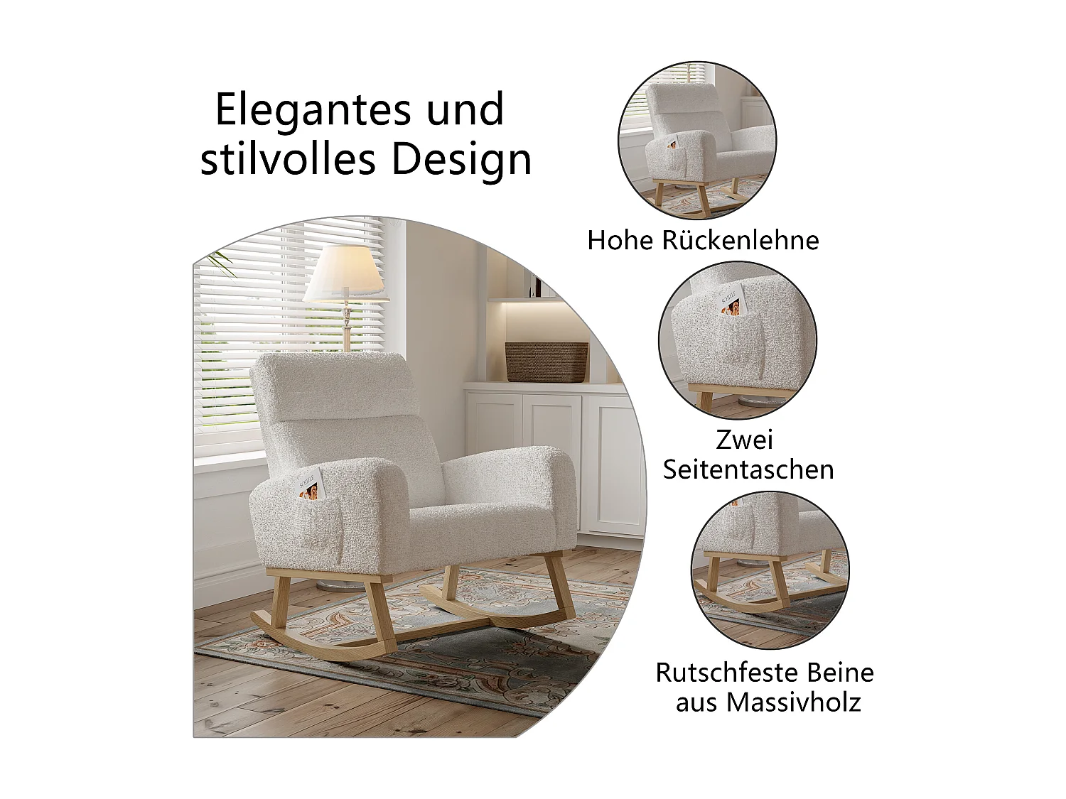 Schommelstoel, relaxstoel, woonkamerstoel, armleuningen, met zakken en houten poten, Teddy beige fluweel, maximale belasting: 150 kg