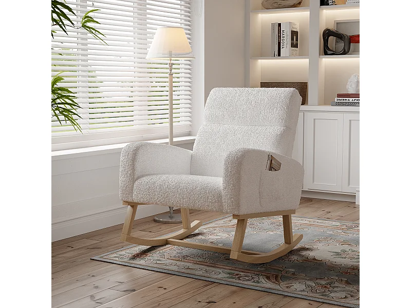 Fauteuil à bascule, fauteuil de relaxation, fauteuil de salon, d'accoudoirs, avec poches et pieds en bois, velours Teddy beige, charge maximale : 150 kg