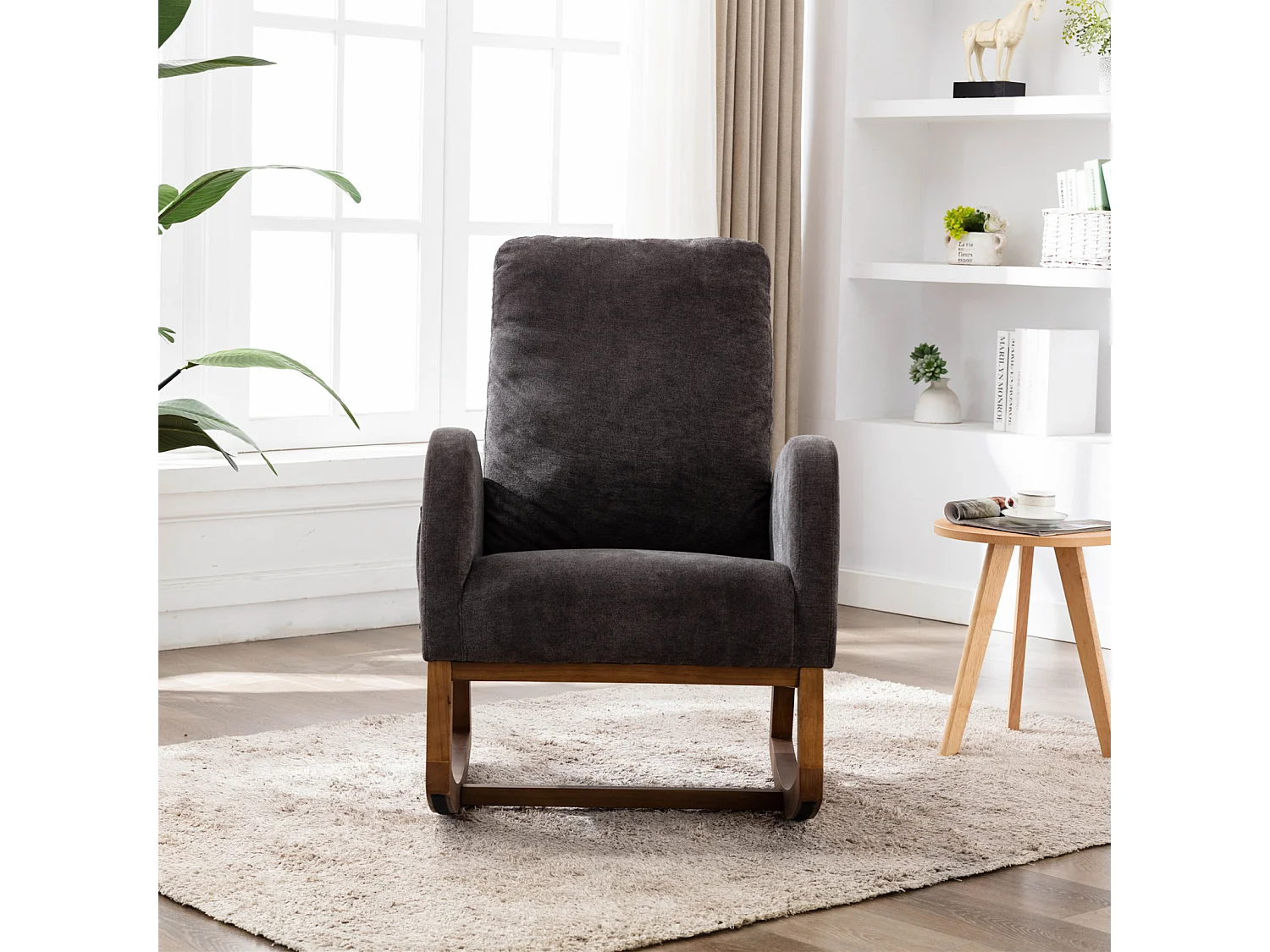 Fauteuil à bascule souple Mid-Century - Style moderne - Pour chambre d'enfant et salon - Dossier haut rembourré - Chaise à bascule coulissante accentuée (café)