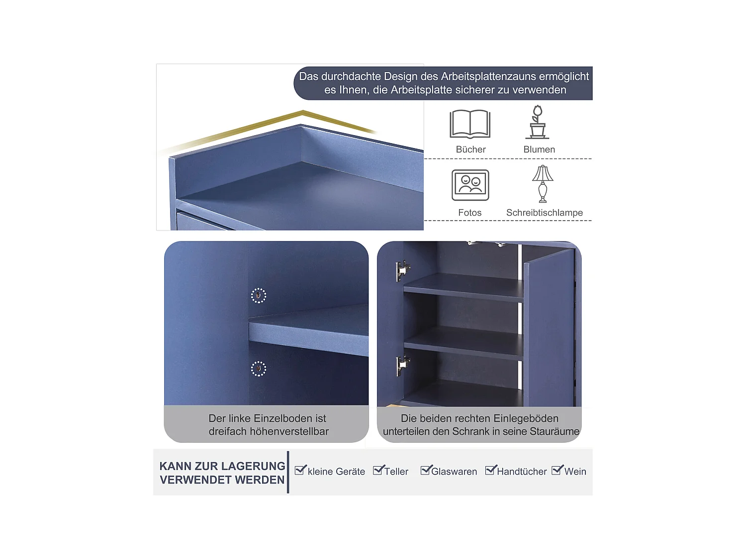 Aparador - Armário Moderno com 4 Portas - Aparador para Sala de Jantar - para Sala de Jantar, Sala de Estar, Cozinha - Branco - 120 x 30 x 80 cm (Azul Marinho)