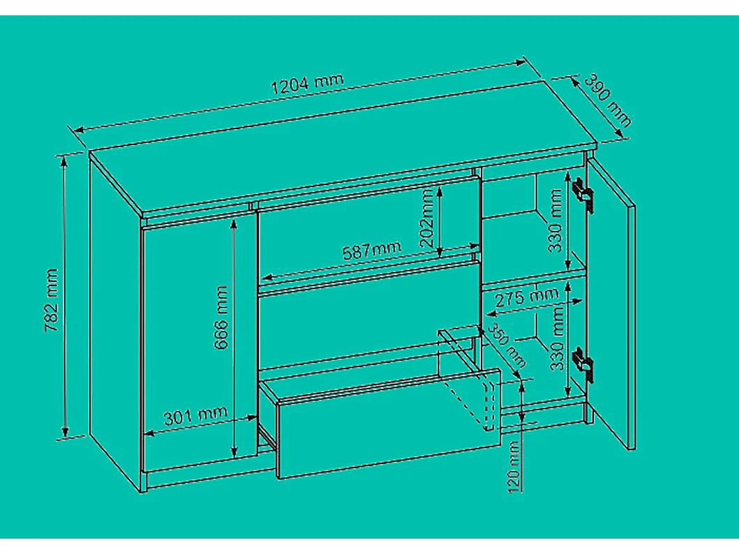 BEA BUFFET 120 CM GRIS ANTHRACITE ET BOIS SCIÉ AVEC 3 TIROIRS