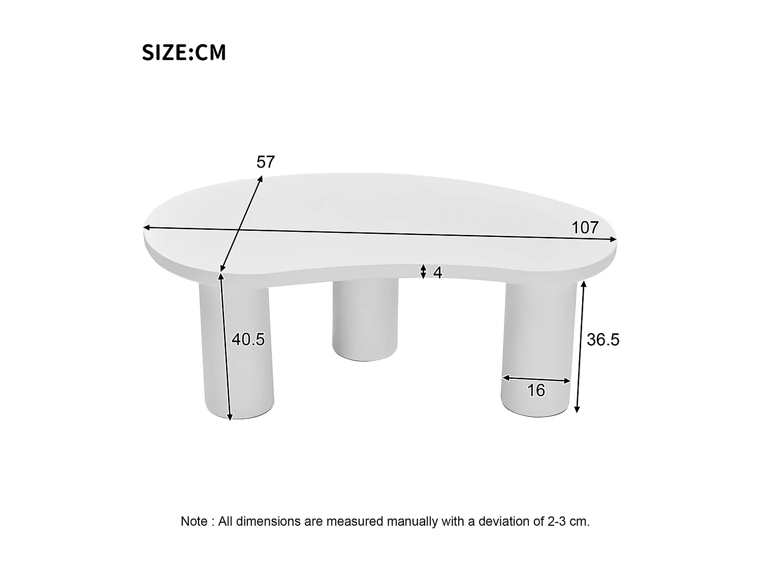 Mesa de centro irregular meia-lua, tampo em MDF e pé em PVC, mesa de centro irregular com base em feltro, branca