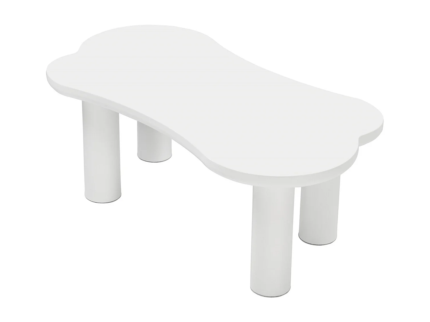 Onregelmatige botvormige salontafel, MDF blad en PVC poten, unieke salontafel met vilten onderlaag, afmetingen: 113 cm lang, 58 cm breed, 40,5 cm hoog