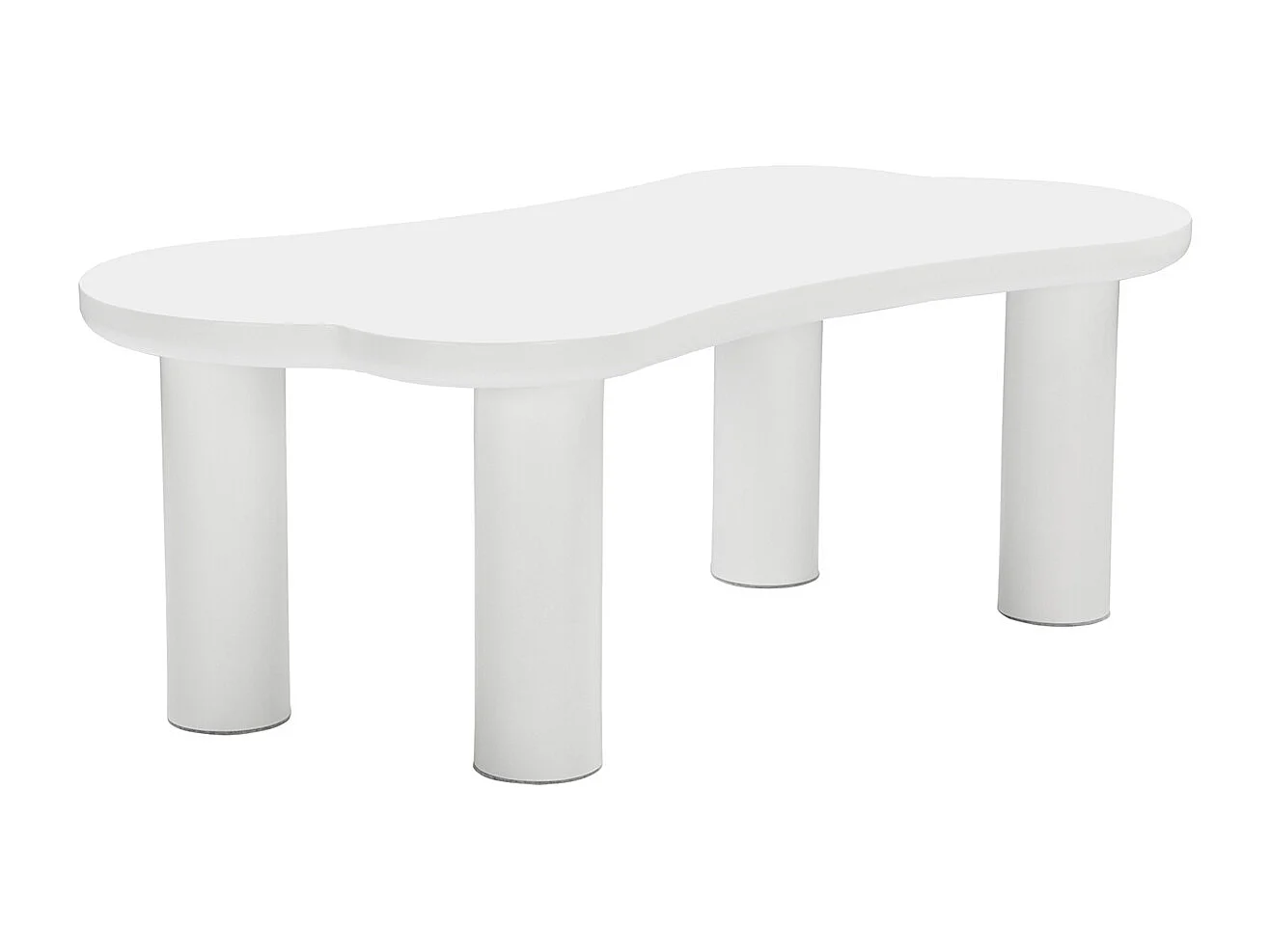 Onregelmatige botvormige salontafel, MDF blad en PVC poten, unieke salontafel met vilten onderlaag, afmetingen: 113 cm lang, 58 cm breed, 40,5 cm hoog