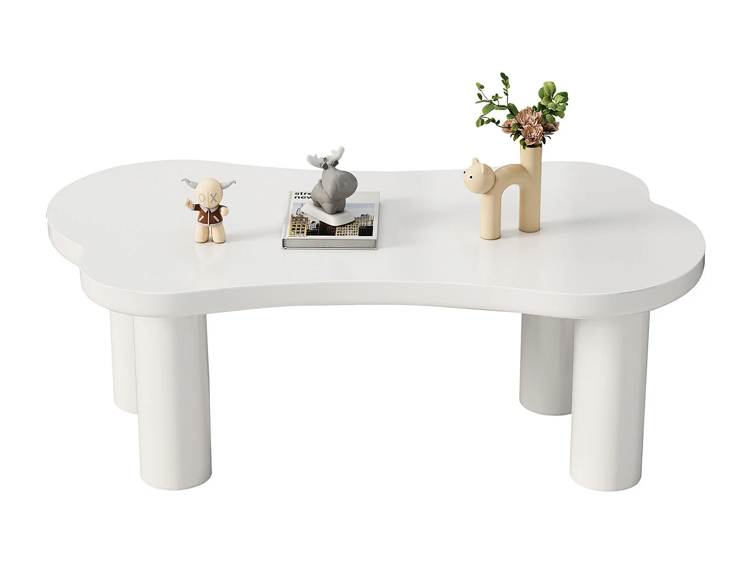 Onregelmatige botvormige salontafel, MDF blad en PVC poten, unieke salontafel met vilten onderlaag, afmetingen: 113 cm lang, 58 cm breed, 40,5 cm hoog