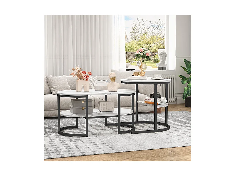 Lot de 2 Tables Basses Gigognes Scandinaves - Table d'Appoint Ovale Imprimée Marbre avec Étagères de angement - Cadre en Métal - Noir