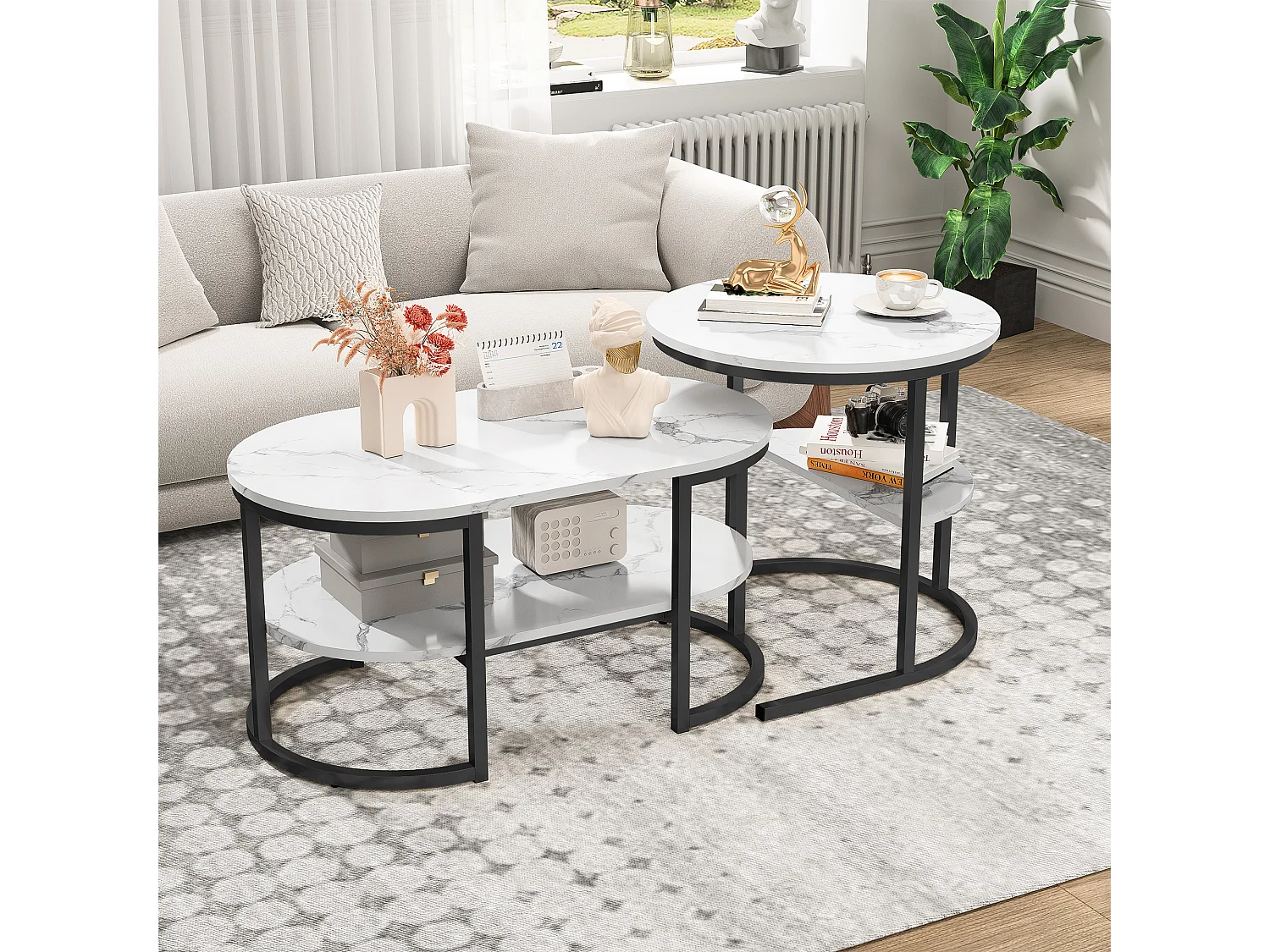 Lot de 2 Tables Basses Gigognes Scandinaves - Table d'Appoint Ovale Imprimée Marbre avec Étagères de angement - Cadre en Métal - Noir