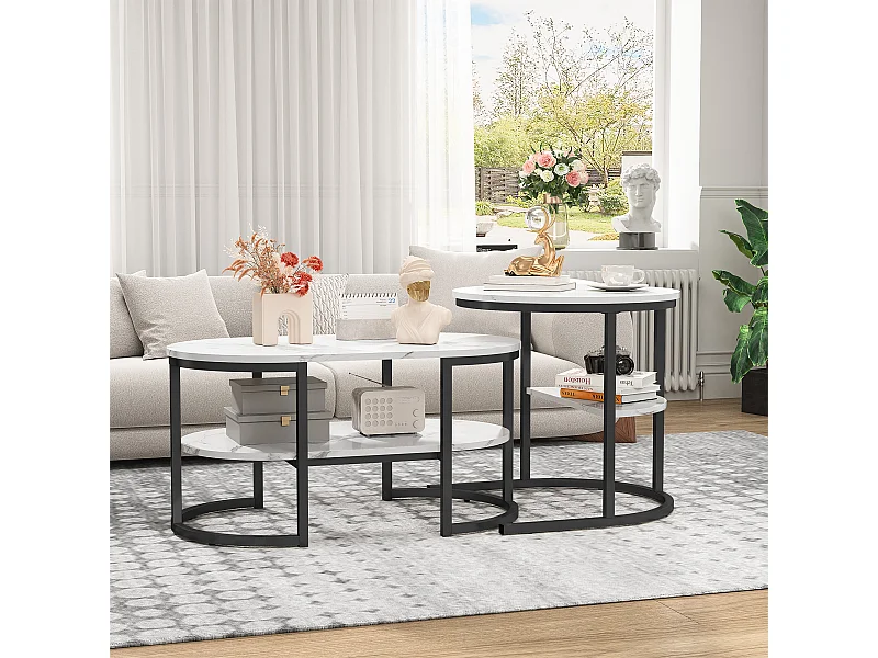 Set van 2 Scandinavische nesttafels - Ovale bijzettafel met marmerprint en opbergplanken - Metalen frame - Zwart