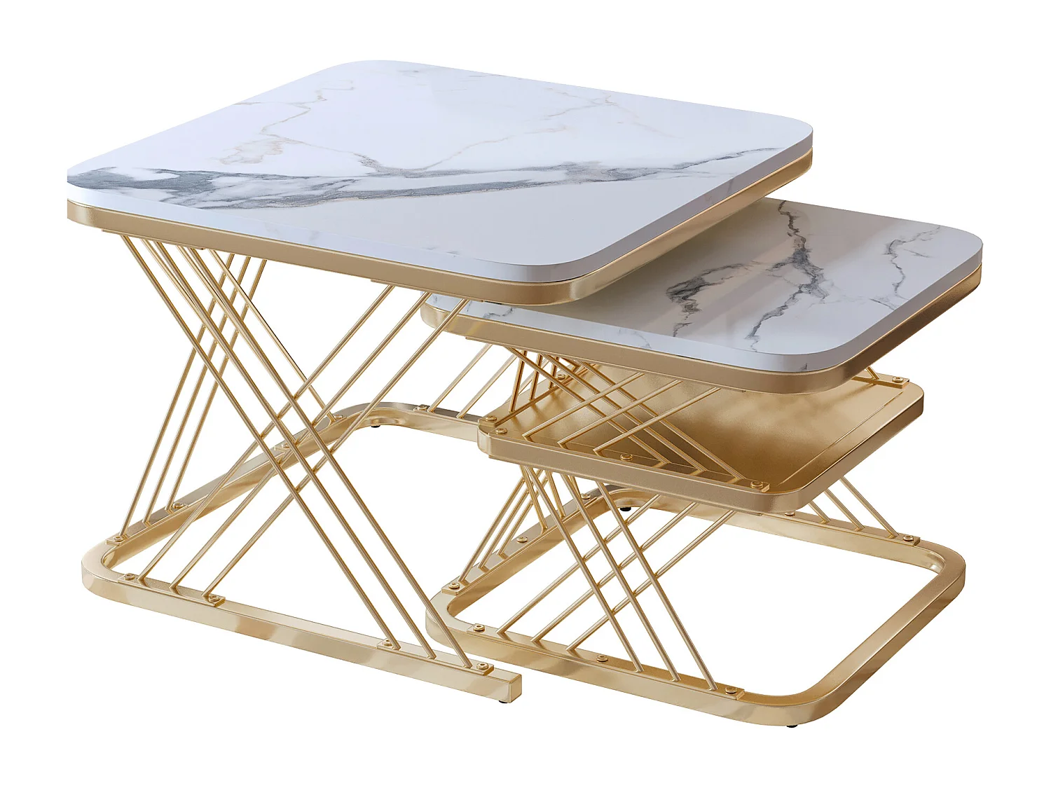 Lot de 2 tables basses carrées modernes effet marbre, structure en métal doré, design élégant avec espace de rangement pour salon, balcon ou bureau