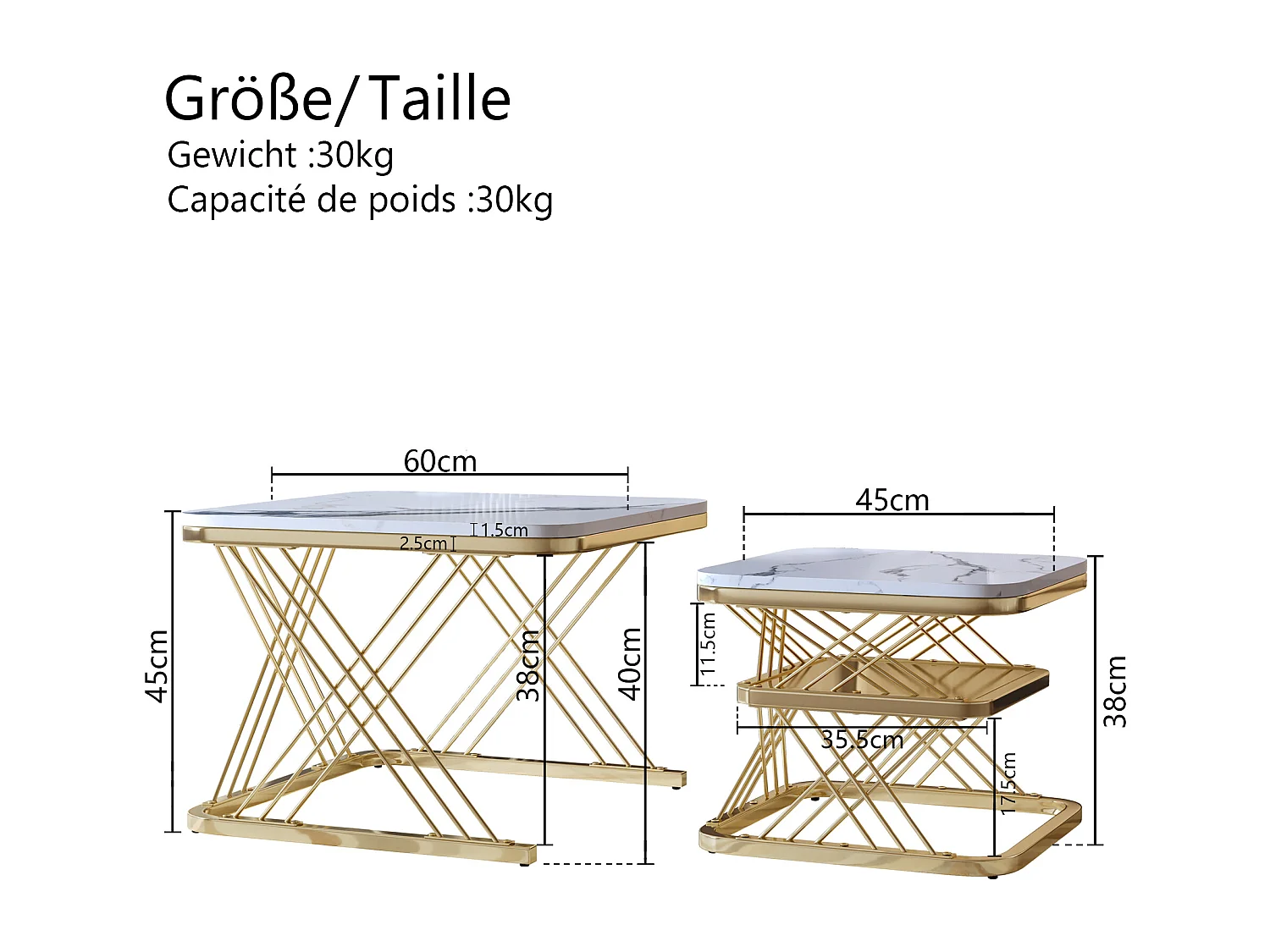 Lot de 2 tables basses carrées modernes effet marbre, structure en métal doré, design élégant avec espace de rangement pour salon, balcon ou bureau