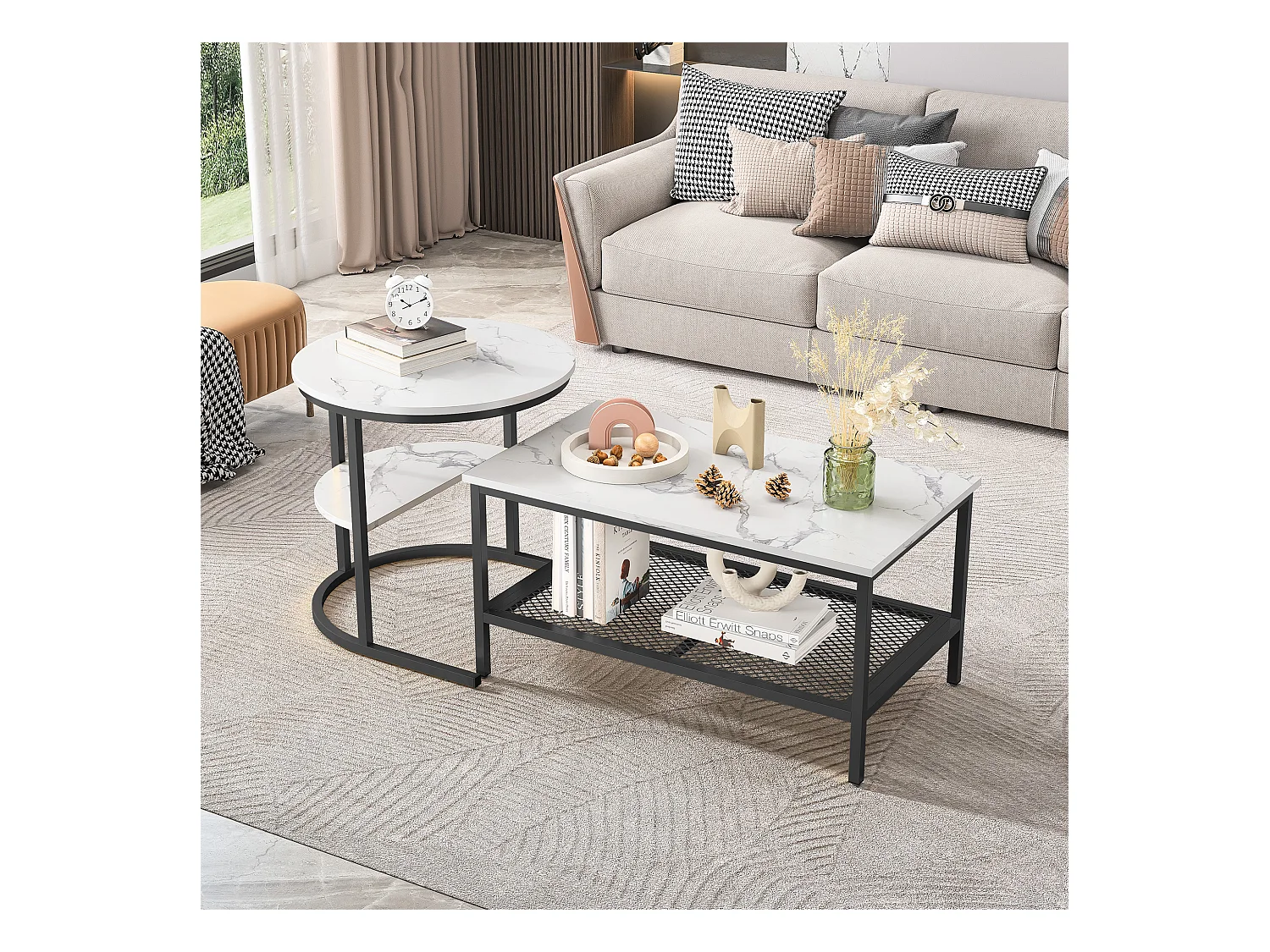 Set van 2 Scandinavische salontafels met nestelfunctie - Rechthoekige bijzettafel met marmerprint - Verstelbare voetenbankjes - Zwart metalen frame