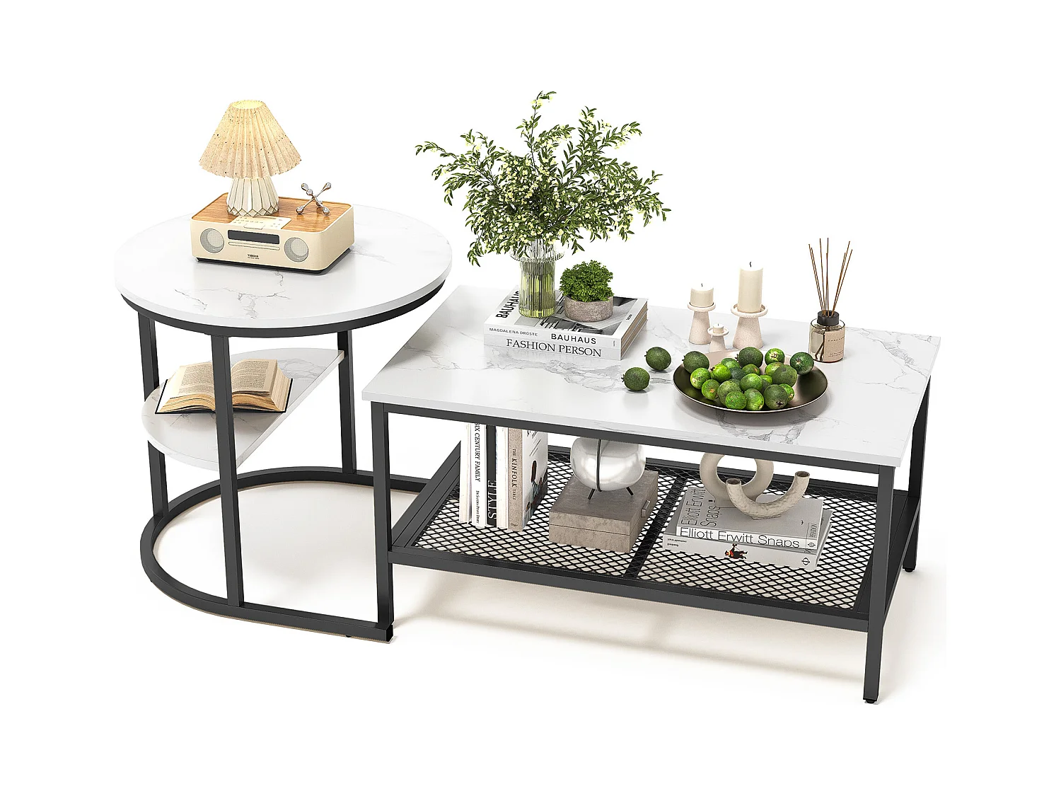 Set van 2 Scandinavische salontafels met nestelfunctie - Rechthoekige bijzettafel met marmerprint - Verstelbare voetenbankjes - Zwart metalen frame