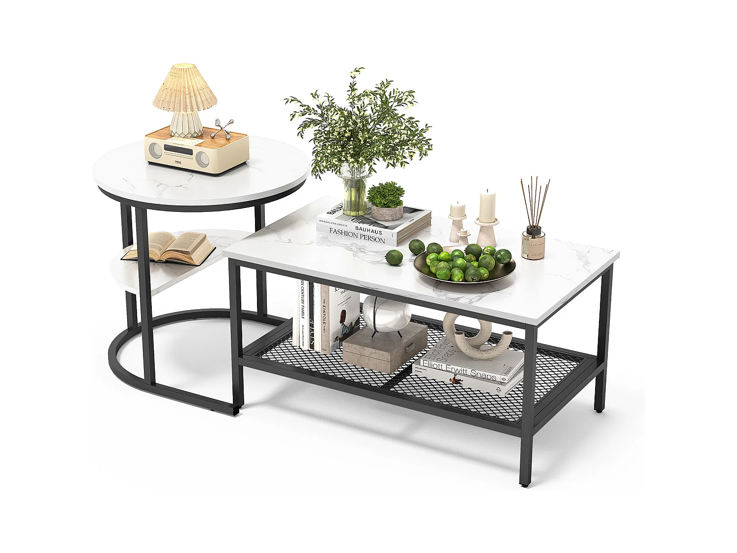 Set van 2 Scandinavische salontafels met nestelfunctie - Rechthoekige bijzettafel met marmerprint - Verstelbare voetenbankjes - Zwart metalen frame