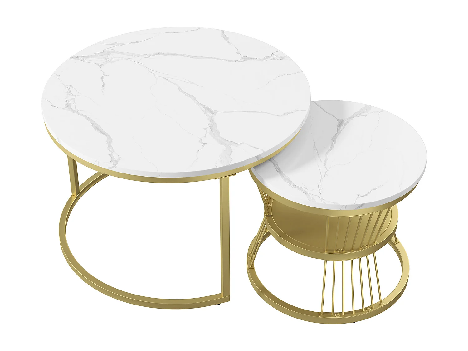 Lot de 2 tables basses rondes modernes effet marbre, cadre en métal noir, design élégant pour salon, salle de réception, balcon ou bureau