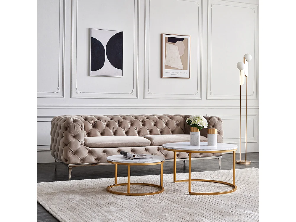 Lot de 2 tables basses gigognes rondes en marbre blanc avec structure en métal doré – Tables modernes pour salon, chambre ou balcon, style élégant et chic