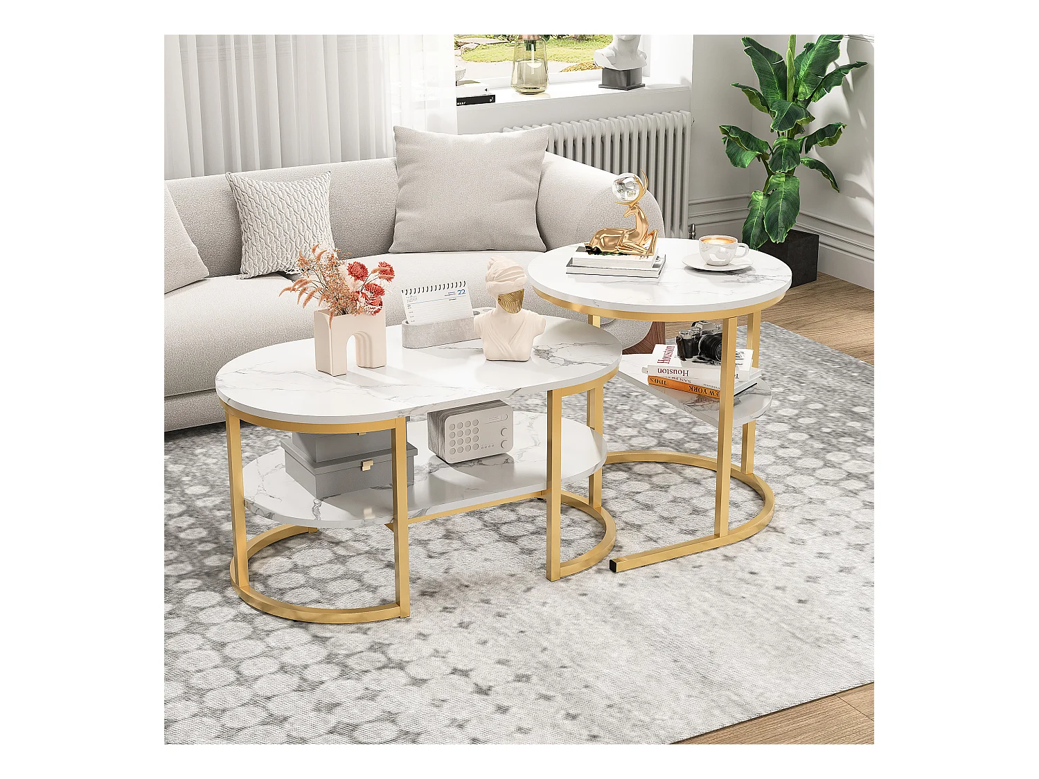 Set van 2 Scandinavische nesttafels - Ovale bijzettafel met marmerprint en opbergvakken - Metalen frame - Goud