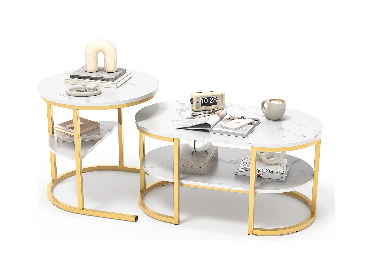 Set van 2 Scandinavische nesttafels - Ovale bijzettafel met marmerprint en opbergvakken - Metalen frame - Goud