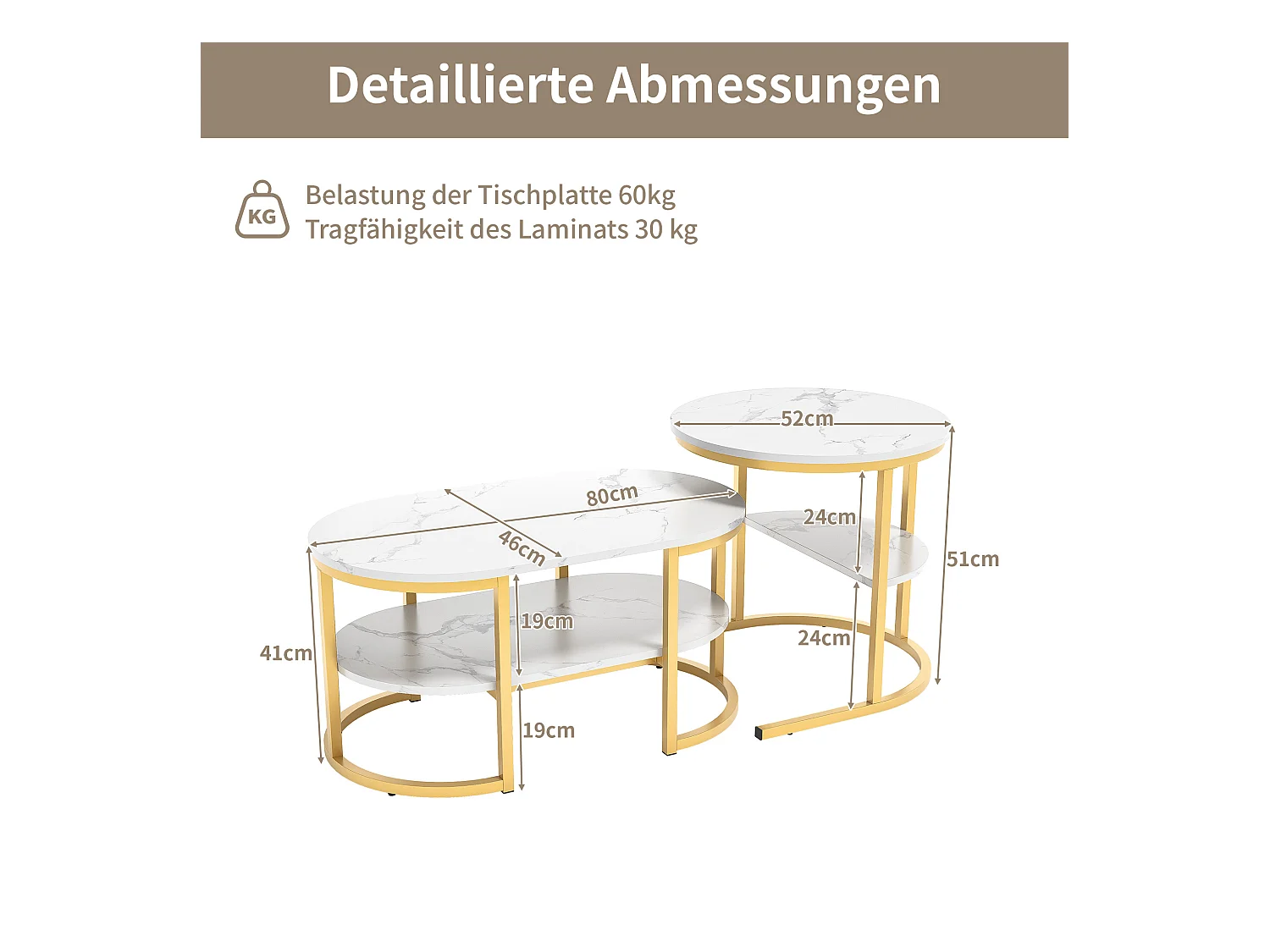 Set van 2 Scandinavische nesttafels - Ovale bijzettafel met marmerprint en opbergvakken - Metalen frame - Goud