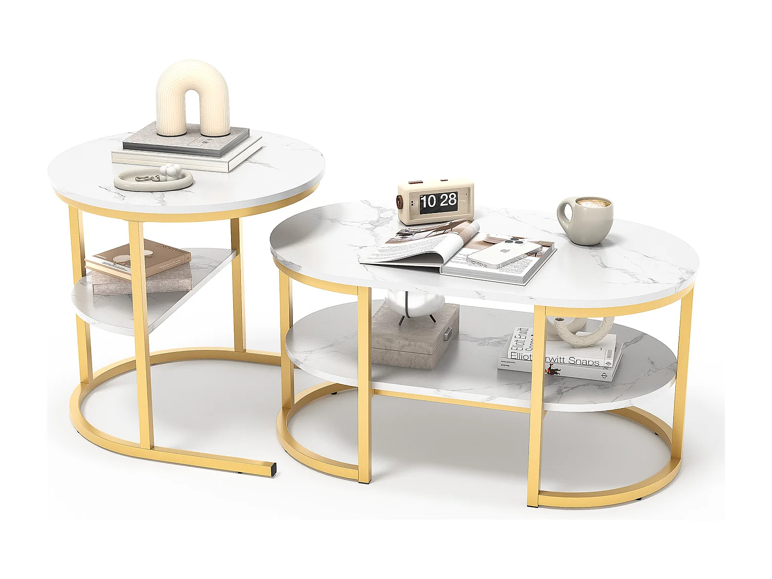 Lot de 2 Tables Basses Gigognes Scandinaves - Table d'Appoint Ovale Imprimée Marbre avec Étagères de angement - Cadre en Métal - Doré