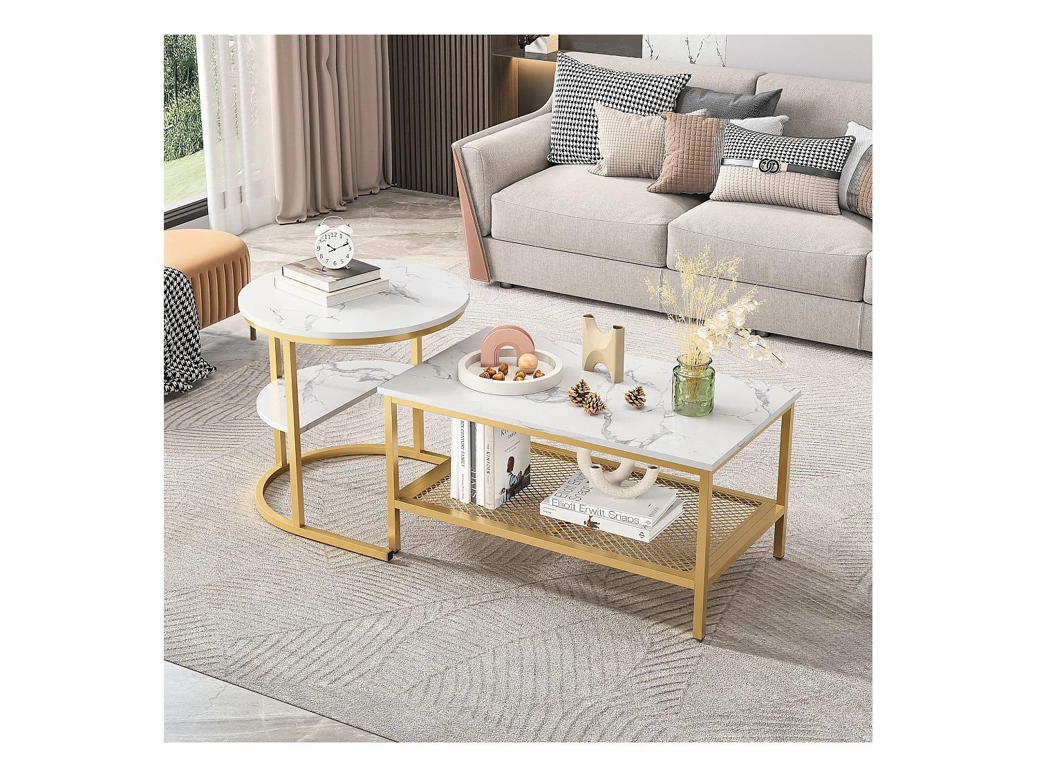 Set van 2 Scandinavische nesttafels - Rechthoekige bijzettafel met marmerprint - Verstelbare voetenbankjes - Goudkleurig metalen frame