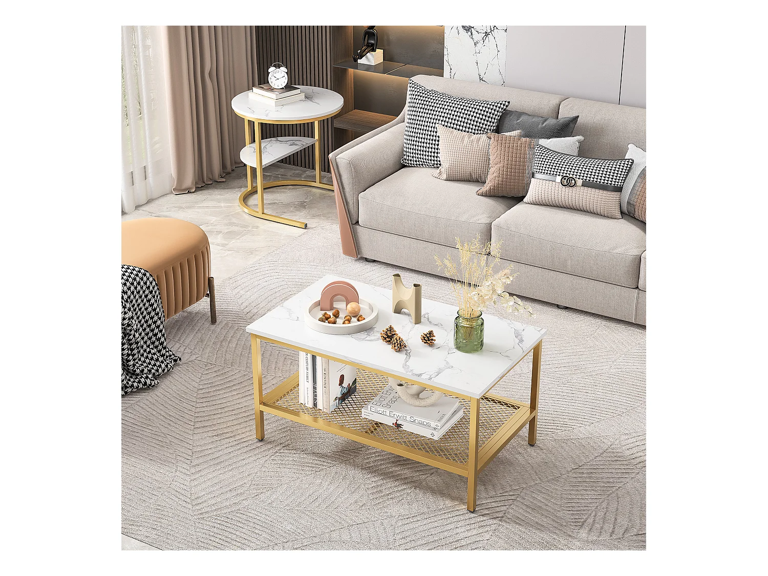 Set van 2 Scandinavische nesttafels - Rechthoekige bijzettafel met marmerprint - Verstelbare voetenbankjes - Goudkleurig metalen frame