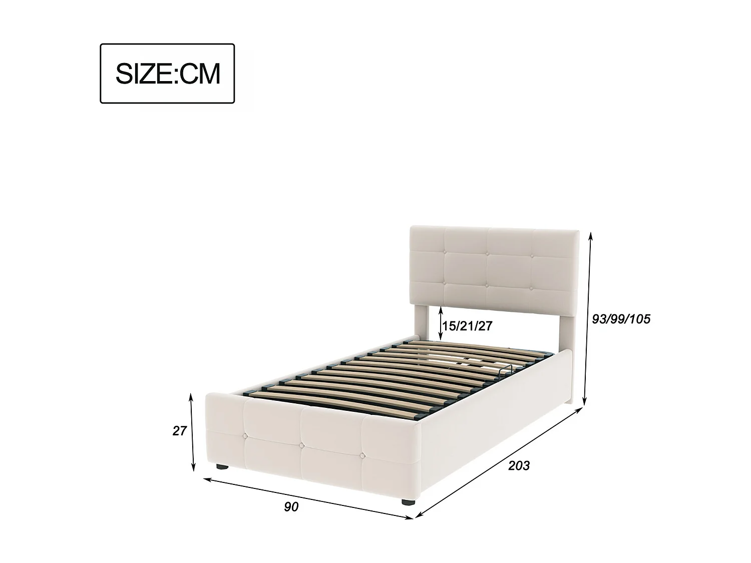 Lit rembourré Lit de rangement hydraulique Lit High box Lit d'enfant multifonctionnel Lit d'invité, tissu velours doux pour la peau 90x200cm Beige, sans matelas