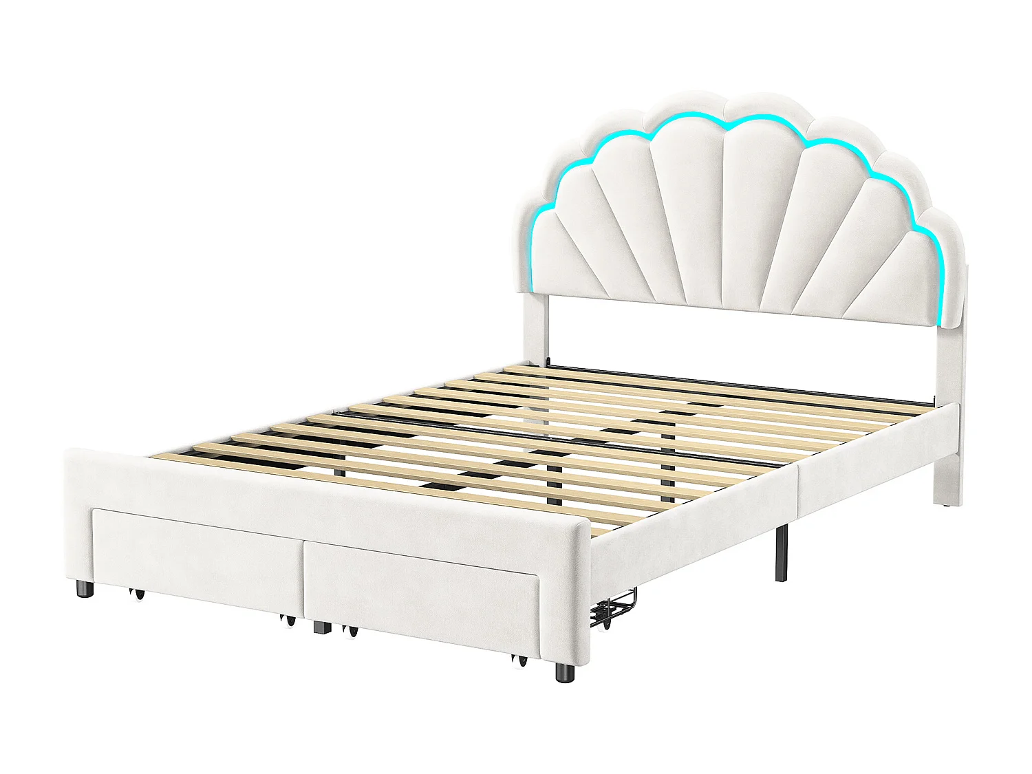 Tweepersoonsbed 140x200, gestoffeerd tweepersoonsbed, 2 lades aan het voeteneind, bloemblaadjes hoofdeinde, verstelbare LED, fluweel, wit