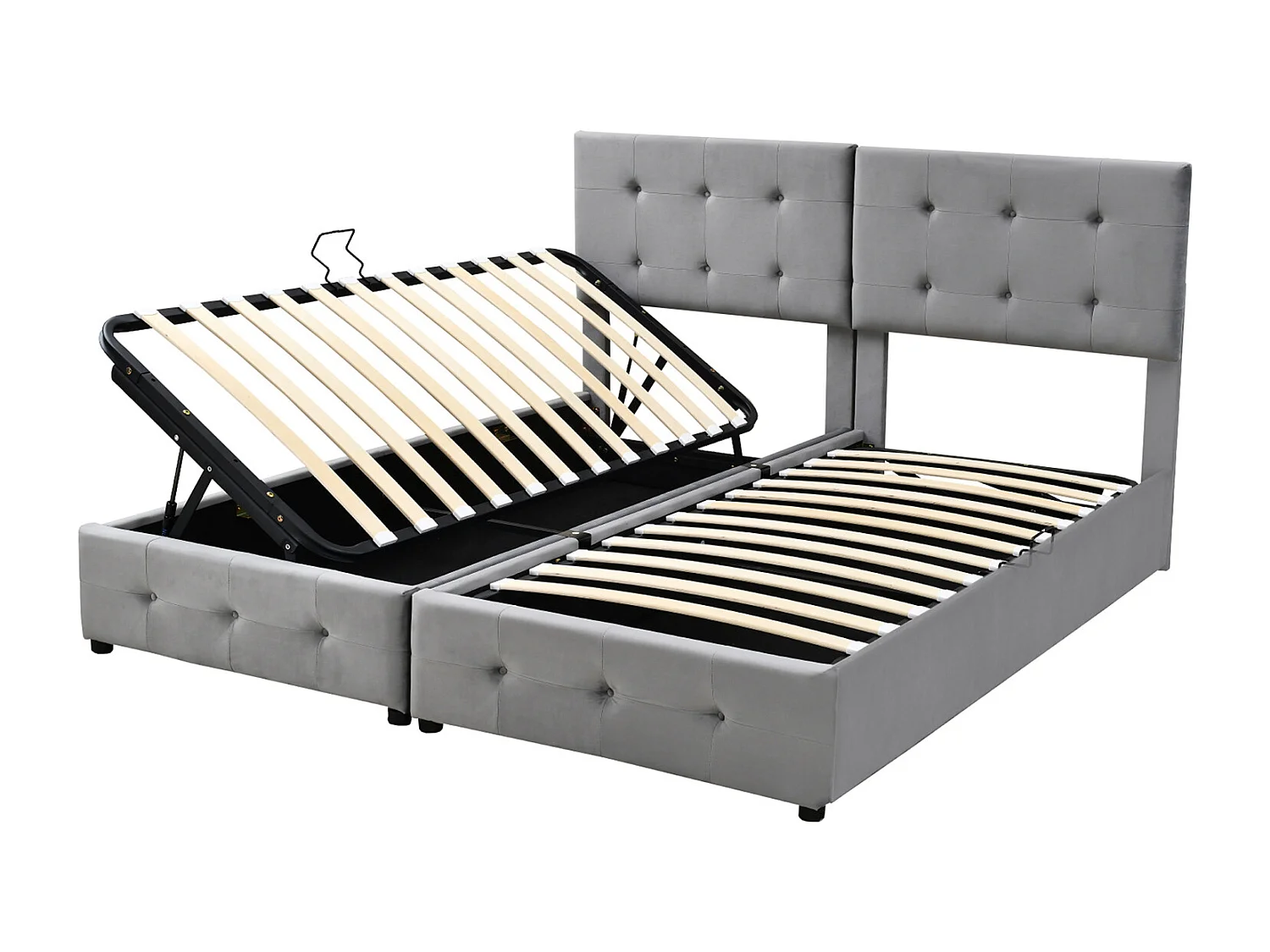 Lit capitonné Lit de rangement hydraulique Lit coffre haut Lit double multifonctionnel Lit d'enfant Lit d'invité, tissu velours doux 180x200cm Gris, sans matelas