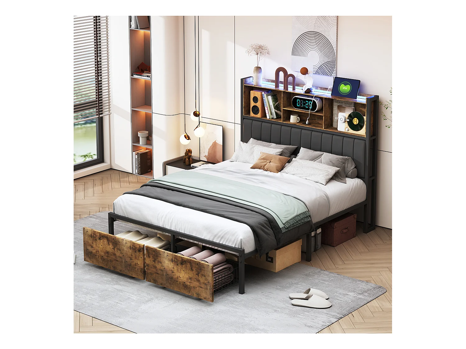 Lit double 160x200 cm style industriel, avec LED, ports USB, tête de lit avec rangements, 2 tiroirs en bout de lit et sommier à lattes – Finition noyer
