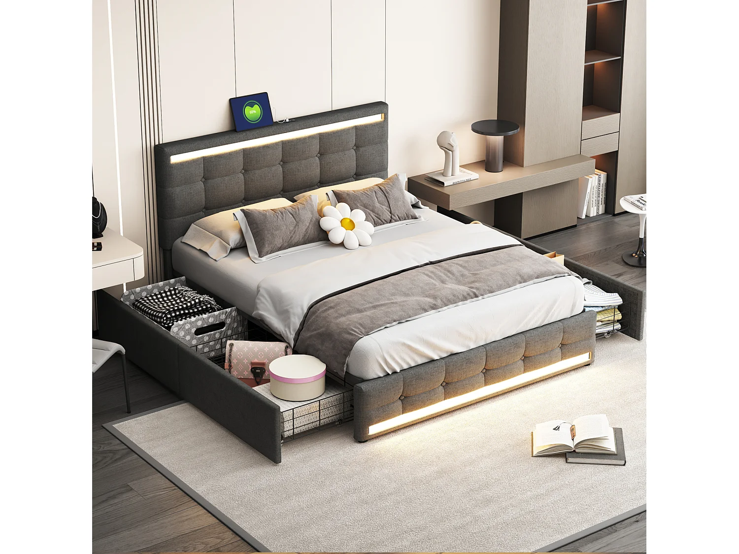Lit 140x200cm avec tiroirs, Lit double capitonné avec rangement, éclairage LED, 2 chargeurs USB, lit adulte, sommier à lattes, gris