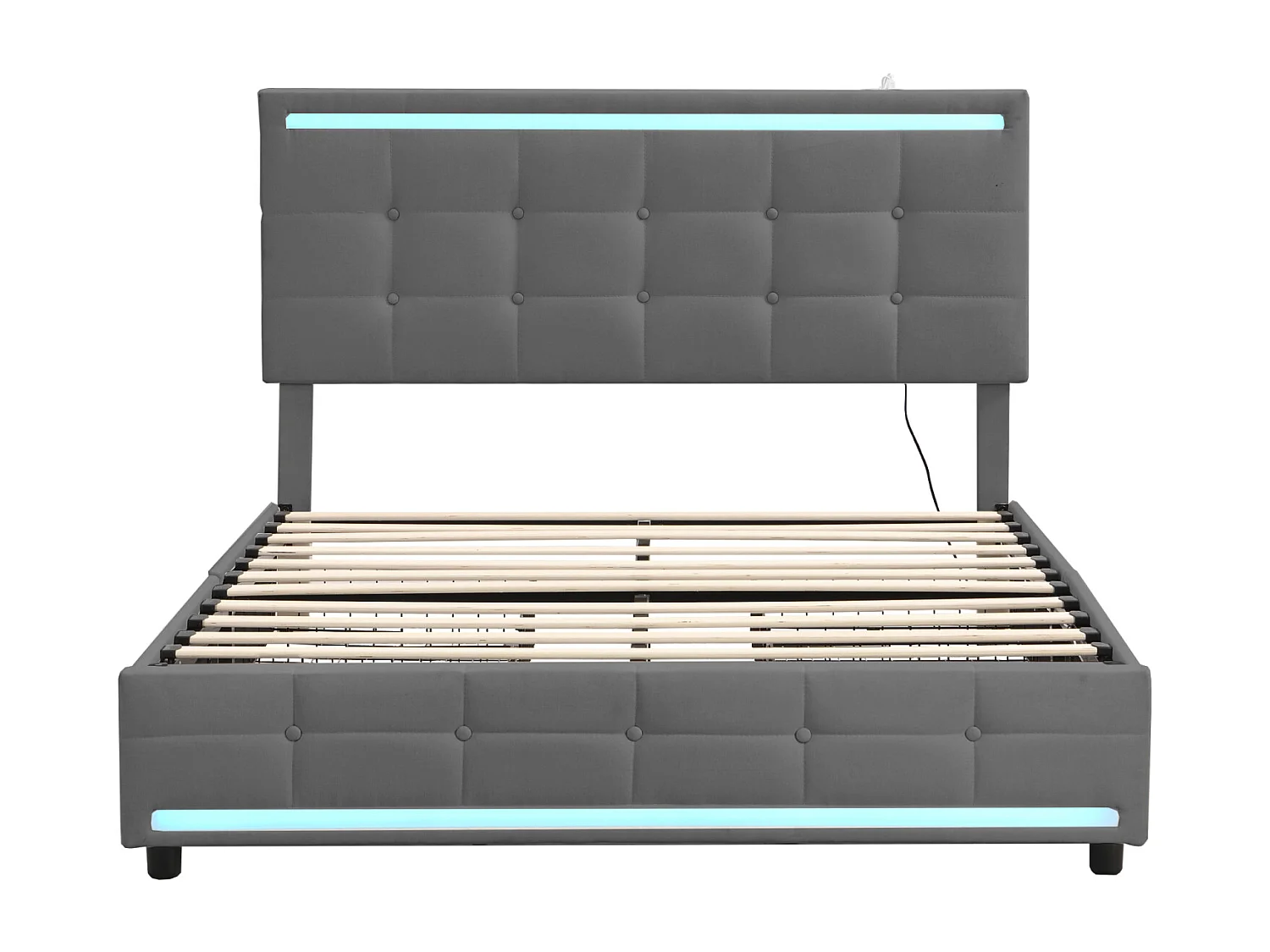 Lit 140x200cm avec tiroirs, Lit double capitonné avec rangement, éclairage LED, 2 chargeurs USB, lit adulte, sommier à lattes, gris