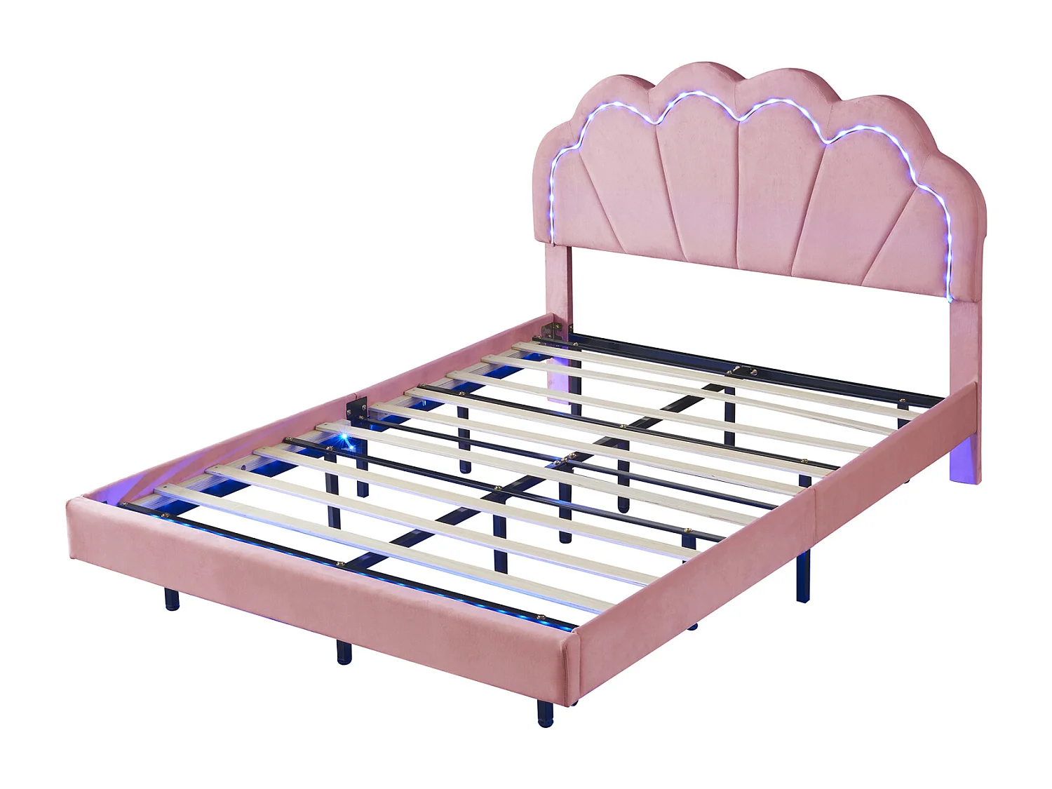 Cama juvenil de 140 x 200 cm, tapizada con luces LED y estructura flotante, cabecero, para niña, con forma de nube, tela de terciopelo (rosa)