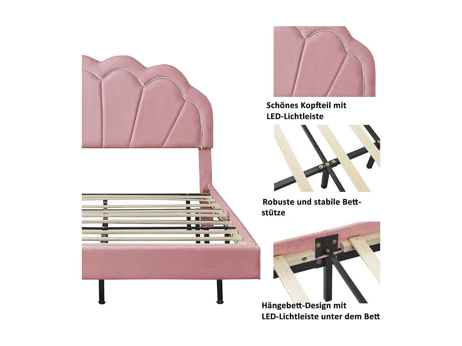 Cama juvenil de 140 x 200 cm, tapizada con luces LED y estructura flotante, cabecero, para niña, con forma de nube, tela de terciopelo (rosa)