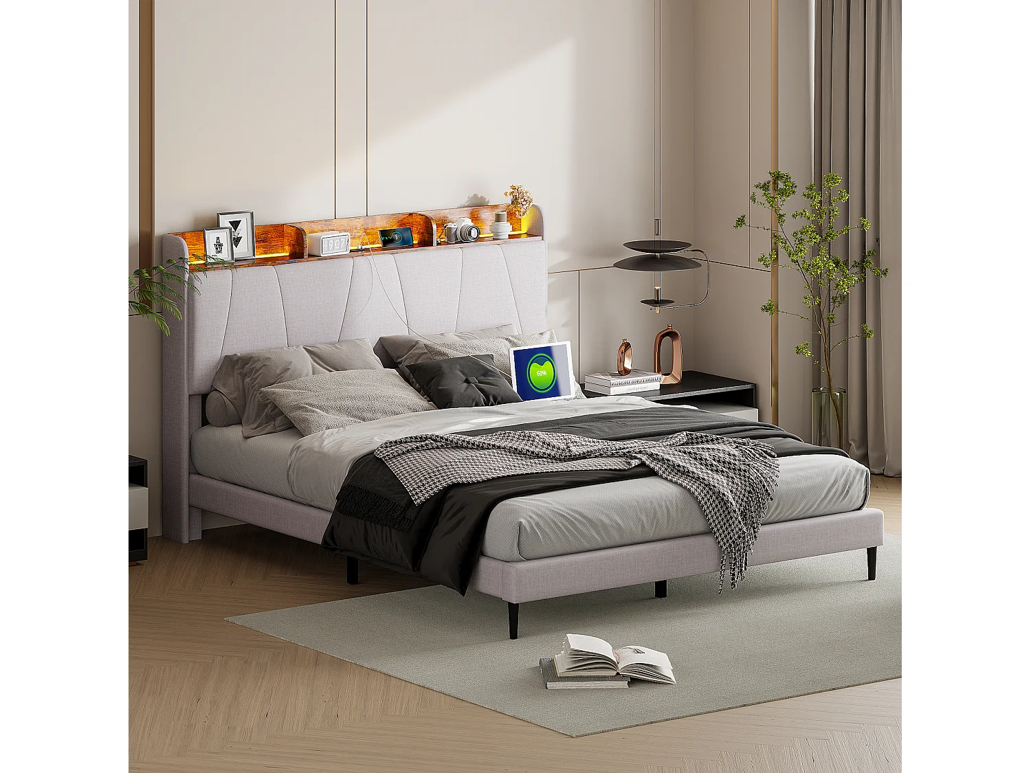 Cama estofada para adulto 140 x 200 cm com iluminação LED, cabeceira com 2 portas USB e Tipo C, estrado de ripas, tecido linho, bege