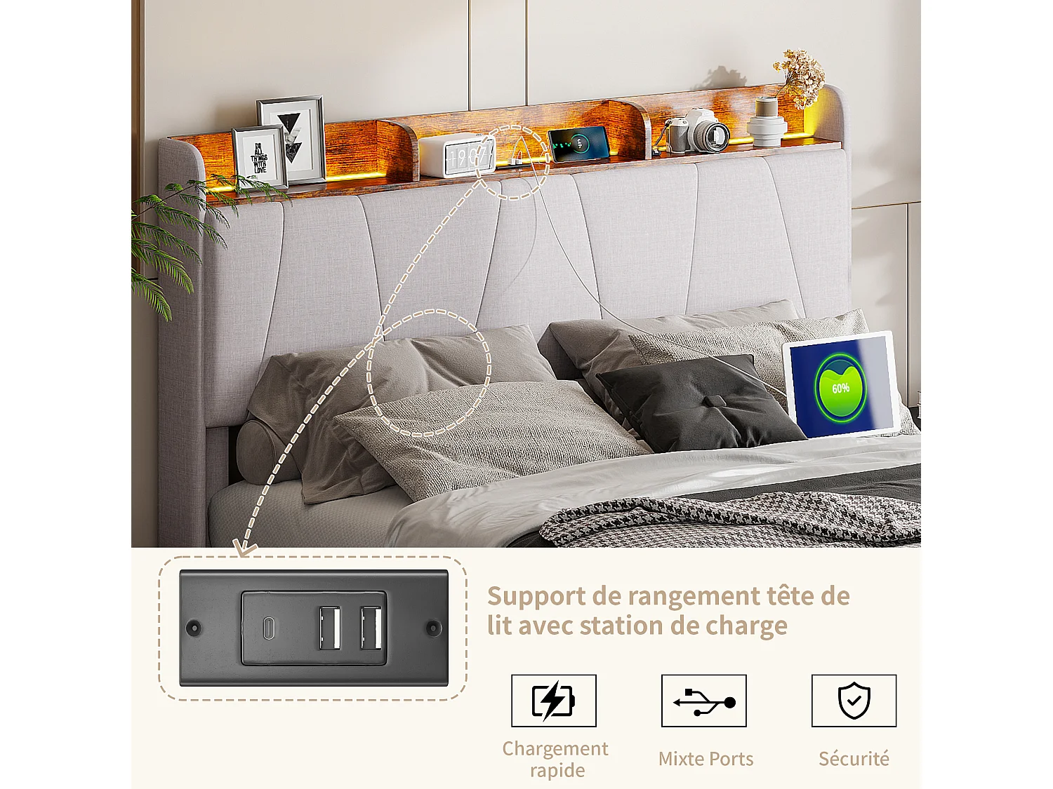 Cama estofada para adulto 140 x 200 cm com iluminação LED, cabeceira com 2 portas USB e Tipo C, estrado de ripas, tecido linho, bege