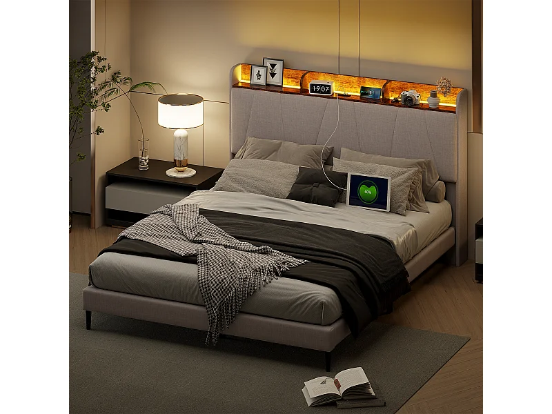 Gestoffeerd volwassen bed 140 x 200 cm met LED-verlichting, hoofdbord met 2 USB- en Type-C-aansluitingen, lattenbodem, linnen stof, beige