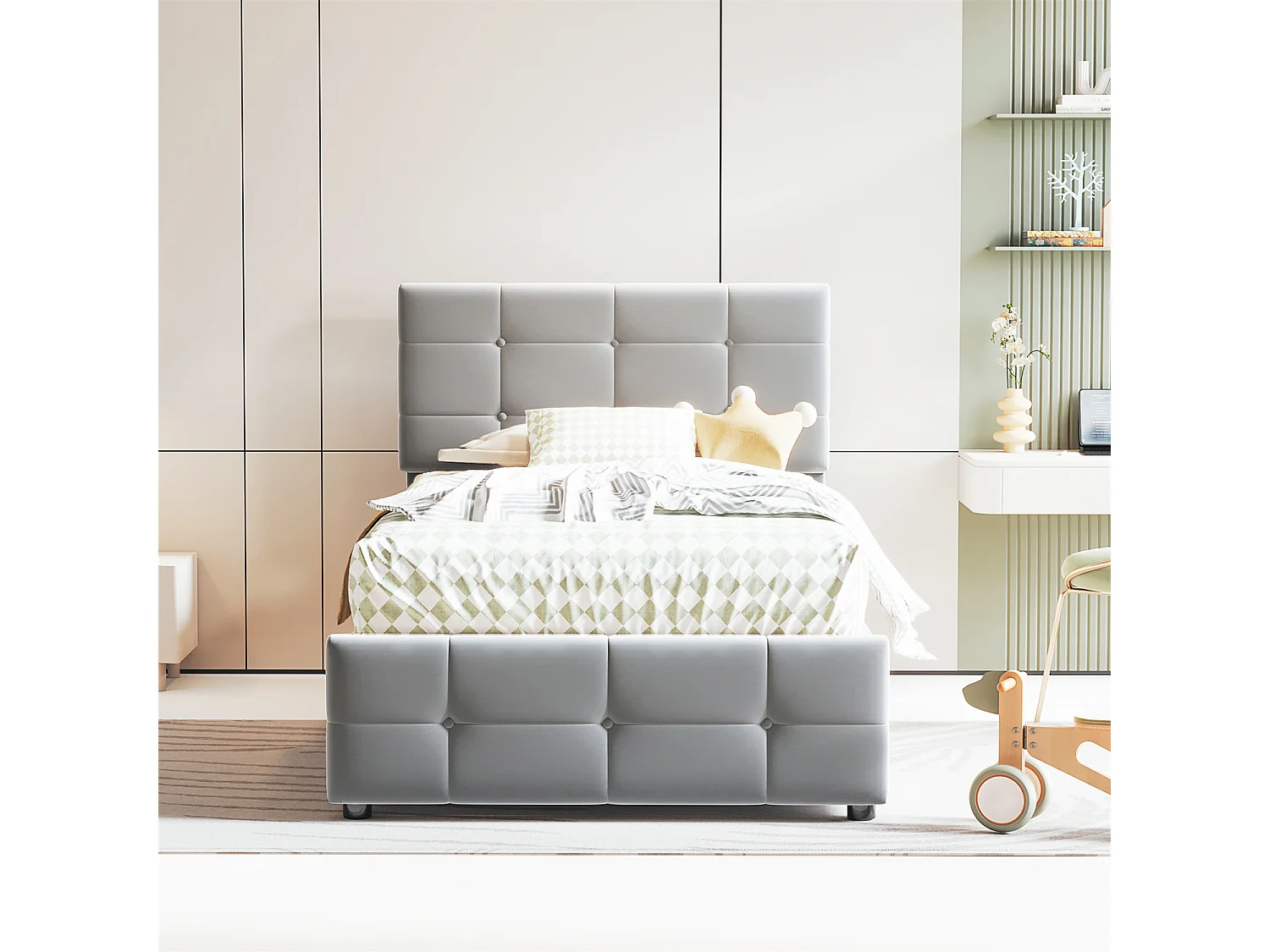 Lit rembourré Lit de rangement hydraulique Lit High box Lit d'enfant multifonctionnel Lit d'invité, tissu velours doux pour la peau 90x200cm Gris, sans matelas