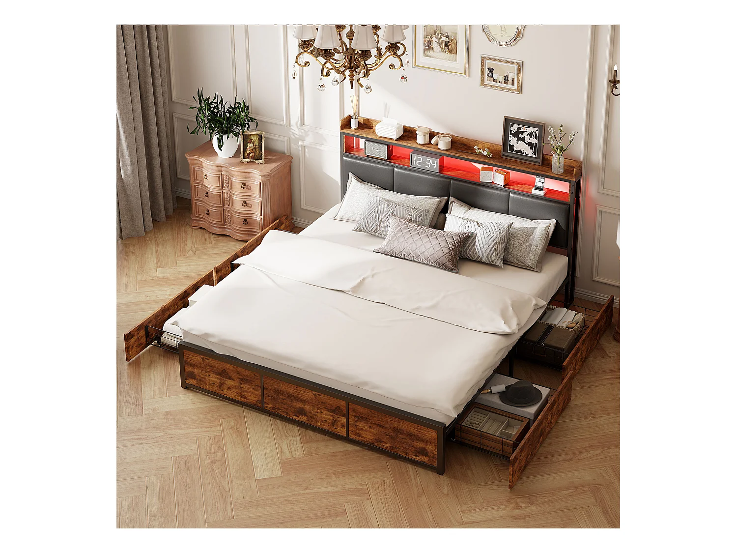 Lit double 160x200 cm en cuir PU noir mat, cadre en fer, LED, tête de lit avec rangement, adapté aux enfants et ados, avec tiroirs – Design moderne et fonctionnel