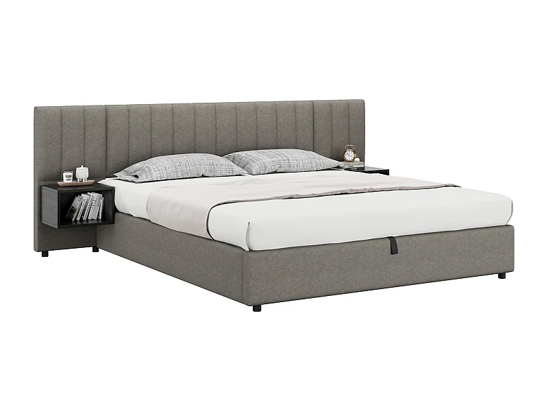 Gestoffeerd hydraulisch bed met groot hoofdeinde en twee nachtkastjes, bed met opbergruimte, houten lattenbodem, 180 x 200 cm, zonder matras, linnen, grijs + zwart.