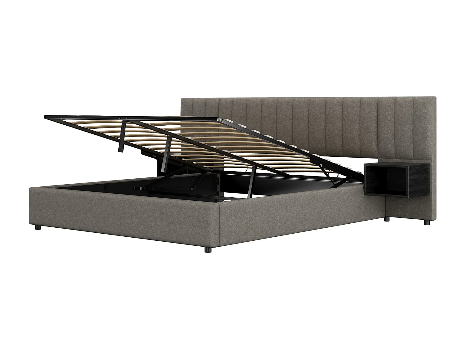 Gestoffeerd hydraulisch bed met groot hoofdeinde en twee nachtkastjes, bed met opbergruimte, houten lattenbodem, 180 x 200 cm, zonder matras, linnen, grijs + zwart.