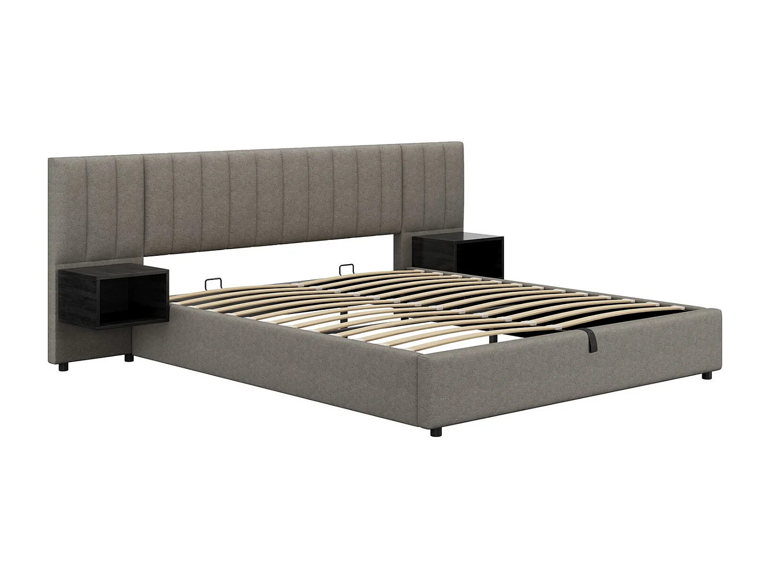 Gestoffeerd hydraulisch bed met groot hoofdeinde en twee nachtkastjes, bed met opbergruimte, houten lattenbodem, 180 x 200 cm, zonder matras, linnen, grijs + zwart.