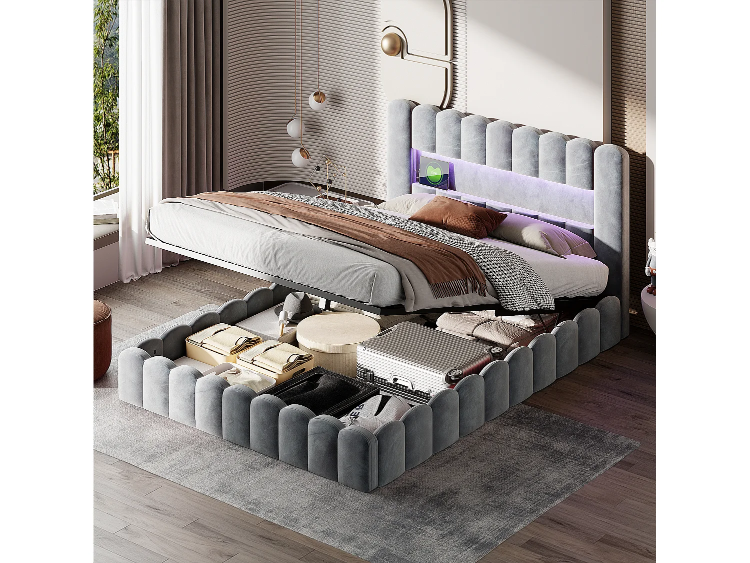 Tweepersoonsbed 180×200cm met opbergruimte, bed met ledverlichting, gestoffeerd bed, volwassenbed, tienerbed, grijs linnen