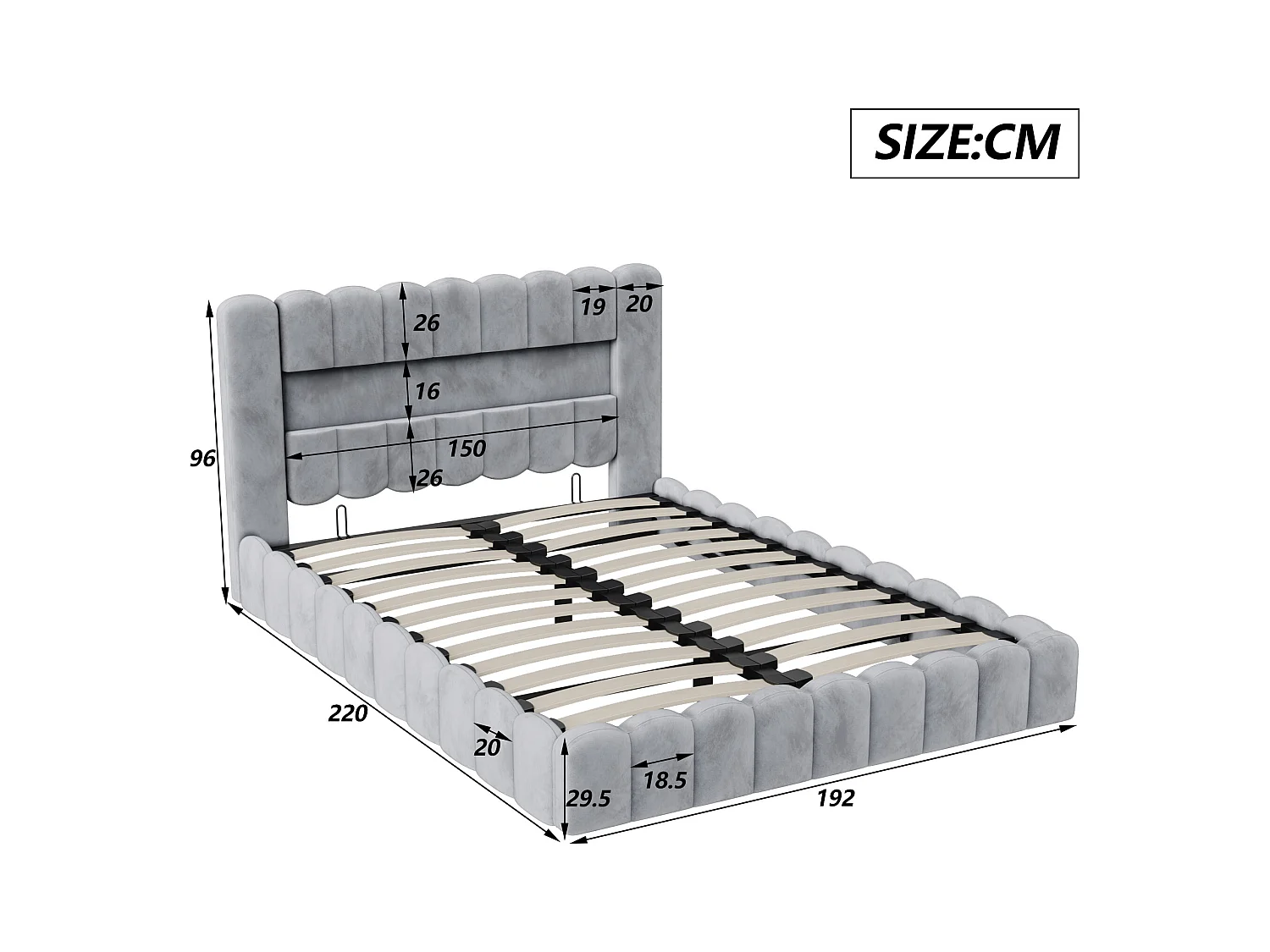 Tweepersoonsbed 180×200cm met opbergruimte, bed met ledverlichting, gestoffeerd bed, volwassenbed, tienerbed, grijs linnen