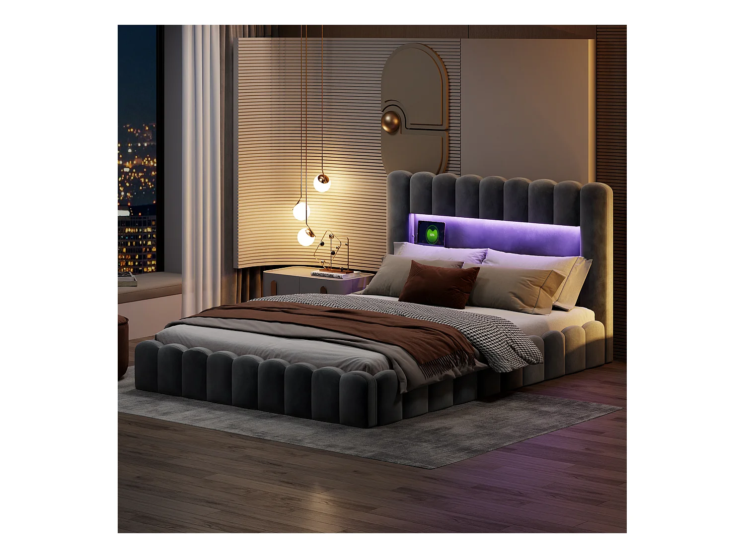 Lit double 180×200cm avec rangements, lit de souche avec éclairage LED, lit capitonné lit adulte lit ado, lin gris