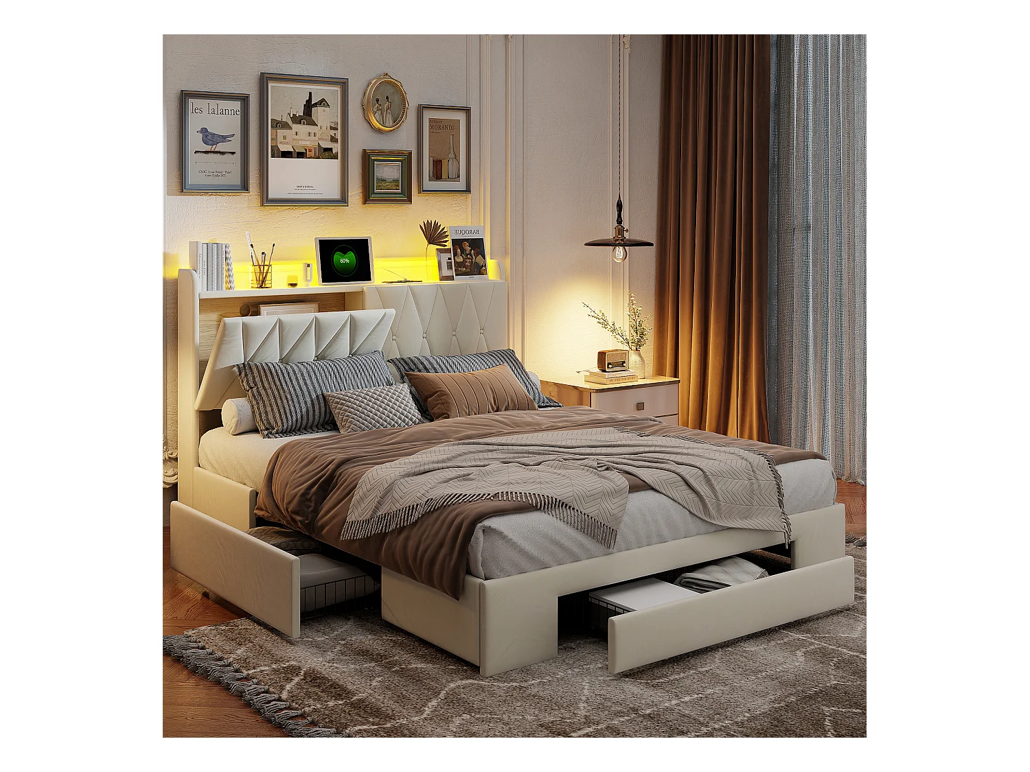 lit double 140x200 avec tiroirs,lit capitonné,rangement tête de lit, tête de lit ouverte,chargement USB,LED réglable,velours,beige