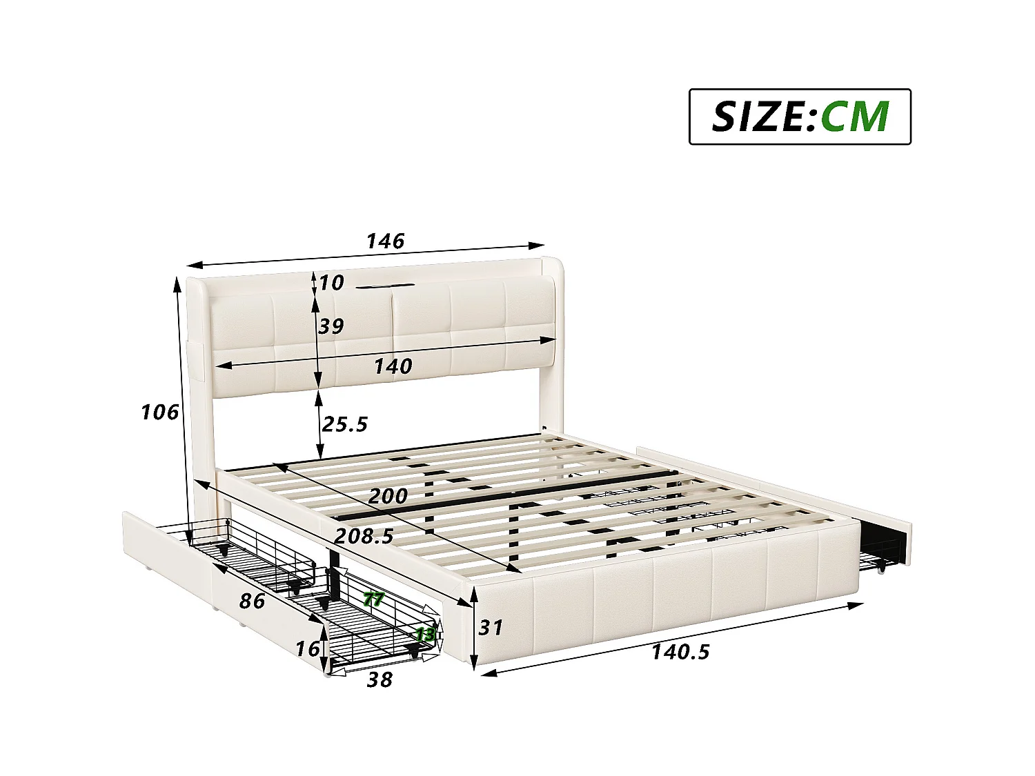 Lit double 140 x 200 avec 4 tiroir,Lit rembourré 140 x 200 avec chargement USB,PU,Beige