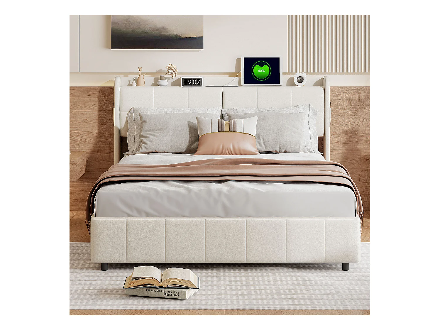Lit double 140 x 200 avec 4 tiroir,Lit rembourré 140 x 200 avec chargement USB,PU,Beige